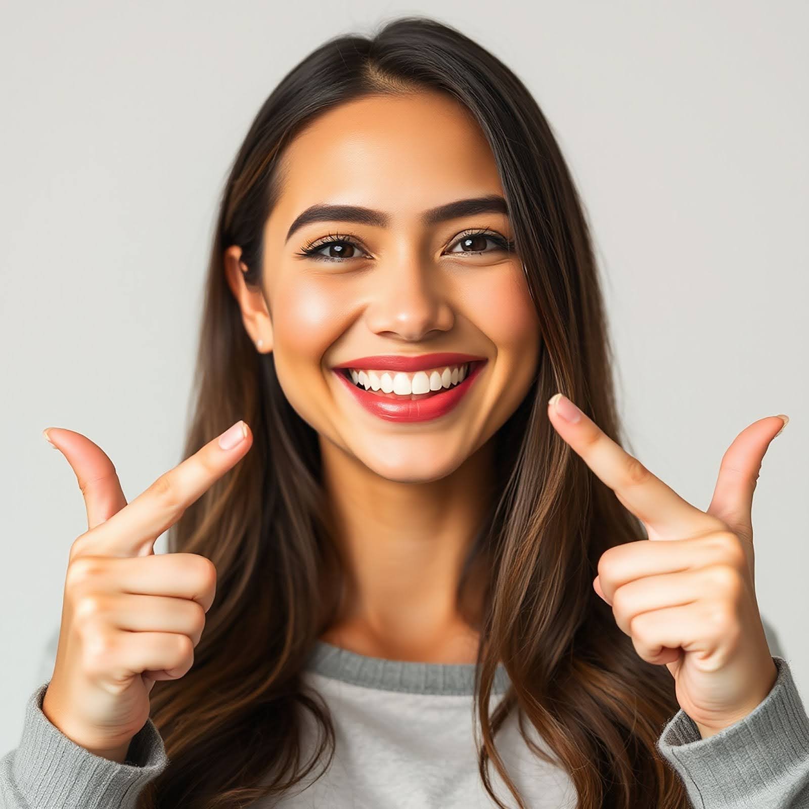 Patient pointing to her finished, straightened smile